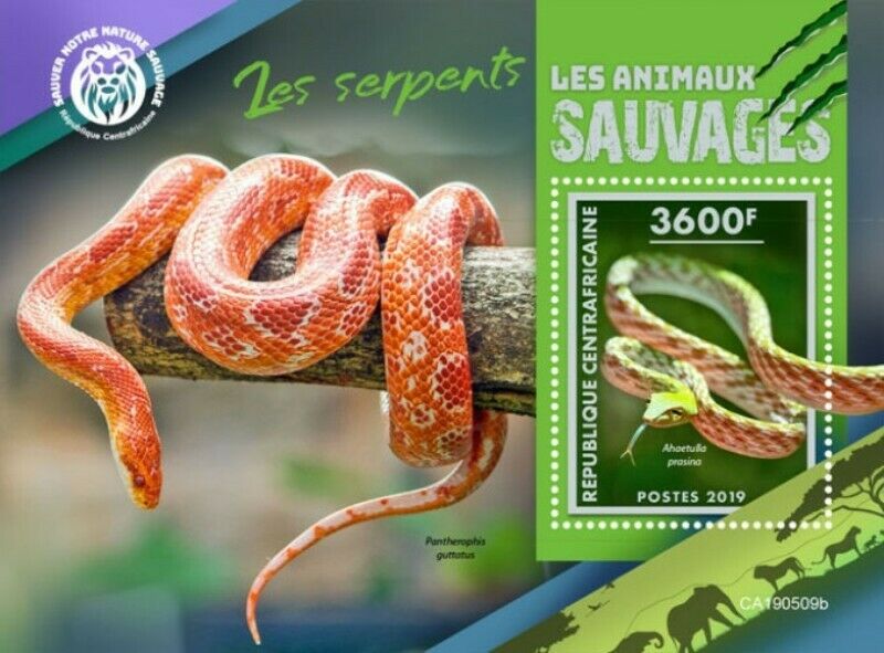 Central Africa - 2019 Schlangen Auf Briefmarken - Souvenir Blatt - Ca190509b